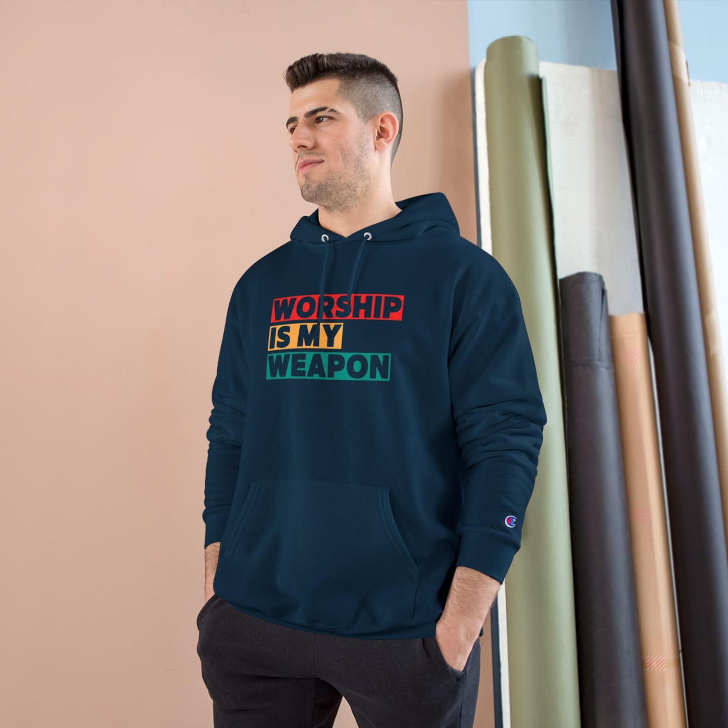 Worship is My Weapon Hoodie - Champion Blue Sweatshirt for Spiritual Empowerment