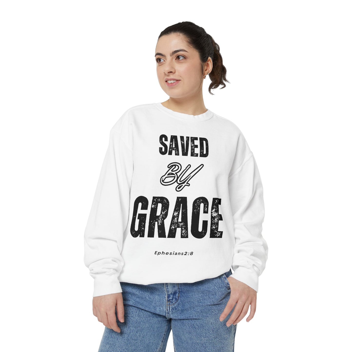 Unisex Garment-Dyed Sweatshirt - Saved by Grace, Ephesians 2:8 - Comfortable & Inspirational Apparel