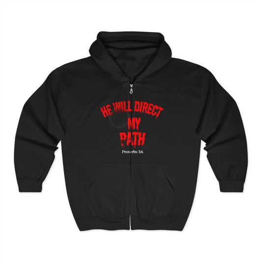 Inspirational Full Zip Hoodie - "He Will Direct My Path" - Proverbs 3:6