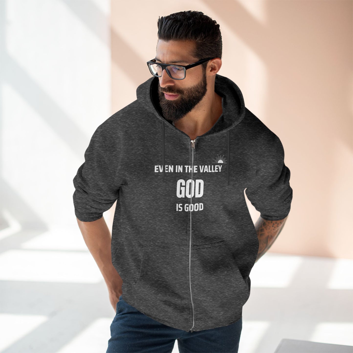 Inspirational Unisex Zip Hoodie - "Even in the Valley God is Good"